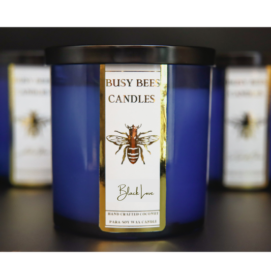 Blue candle jar gold label with busy bees candles shop bee label from busybeescandles.shop the fragrance Black Love