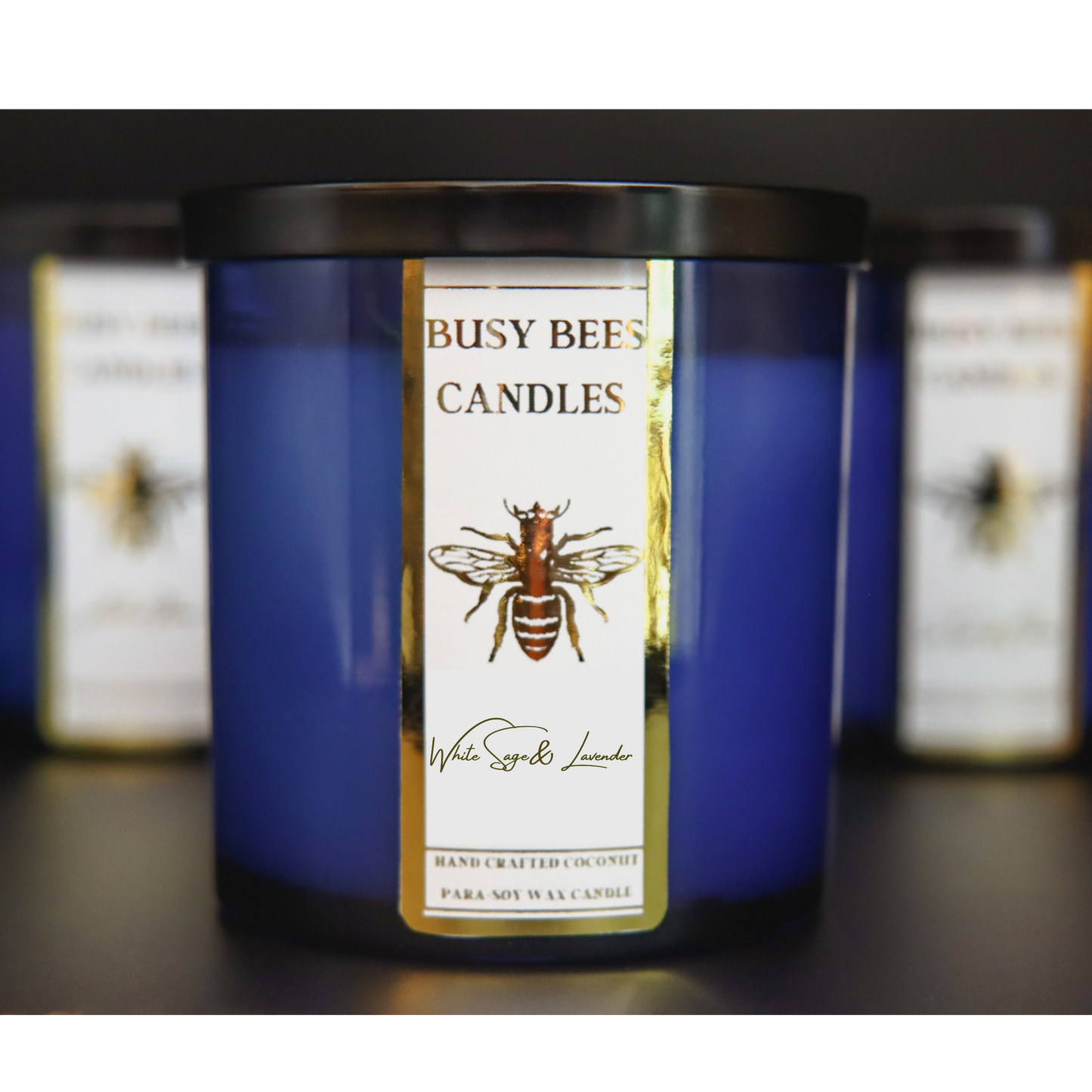 Blue candle jar gold label with busy bees candles shop bee label from busybeescandles.shop the fragrance White Sage Lavender