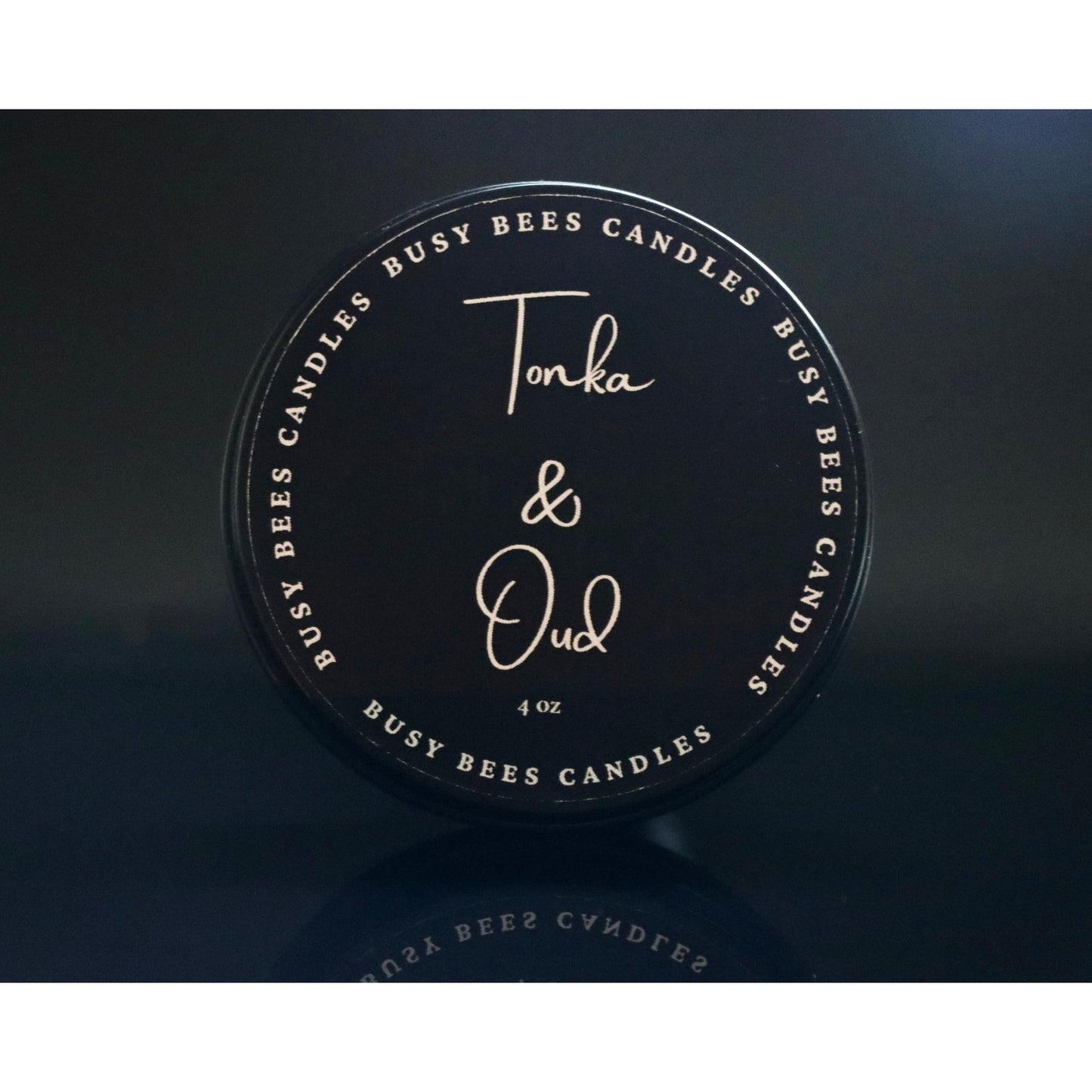 Black luxury tin by Busy Bees Candles Shop at busybeescandles.shop scent Tonka & Oud