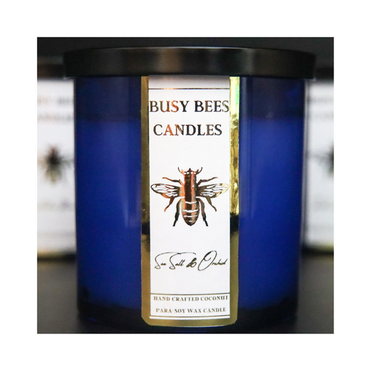 Blue candle jar gold label with busy bees candles shop bee label from busybeescandles.shop the fragrance Sea Salt and Orchid